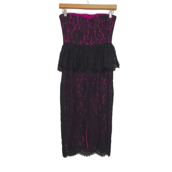 Robert Rodriquez | Peplum Lace Magenta and Black Strapless Cocktail Dress - Picture 5 of 12